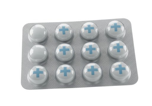 Blister pack of white pills with blue cross isolated on transparent background, medication for healthcare and pharmaceutical use