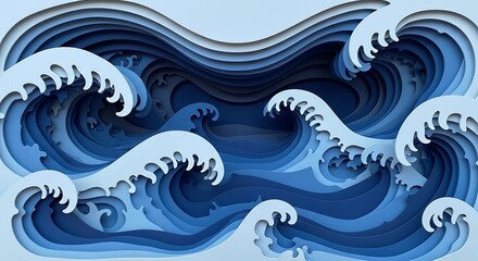 Abstract background with blue paper cut sea waves and topographic relief map effect creating depth and texture