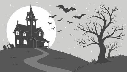 Spooky Haunted House Silhouette Flying Bats Full Moon Bare Trees Eerie Night Halloween Vector Illustration Background