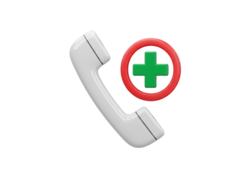 Emergency call PNG isolated on transparent background, white phone receiver with green cross in red circle for medical assistance