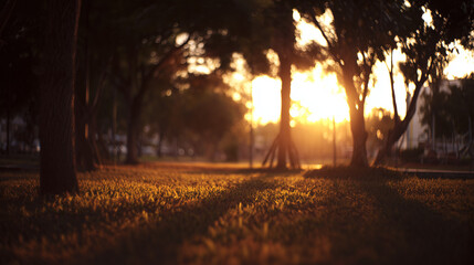 blurred. Tranquil park at sunset with warm golden hues, creating a peaceful natural landscape. inspiring travel planning, travel magazines, designed for travel destination branding.