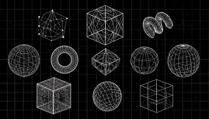 White geometric shapes on a black grid, lines creating forms