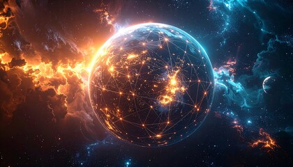 Obraz premium A digitally created planetary view, showcasing Earth encompassed by celestial hues of orange and blue nebulas with interconnected light strands