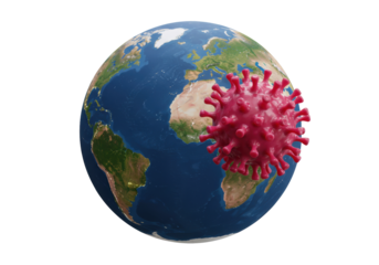 Red coronavirus model on Earth isolated, global pandemic concept for health crisis awareness and scientific visualization PNG