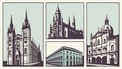 Fototapeta premium Retro Comic Book Style Architecture Illustrations. Historic European City Landmarks for Travel, Culture, and Education Web Design and Print Media.