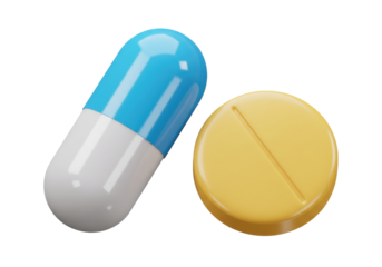Blue and white capsule with yellow tablet isolated on transparent background, medicine and healthcare concept for medical use