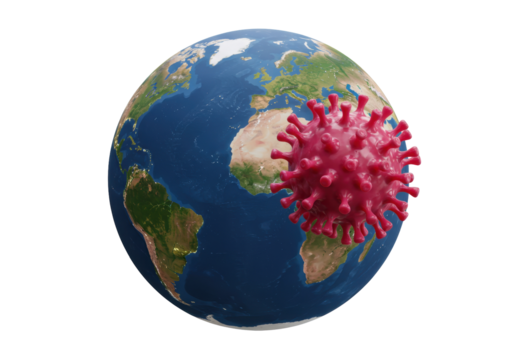 Red coronavirus model on Earth isolated, global pandemic concept for health crisis awareness and scientific visualization PNG
