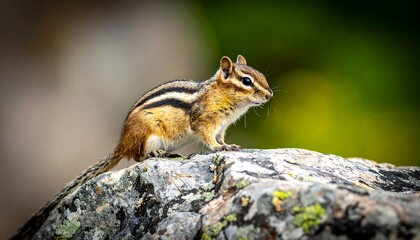 A side profile captures a chipmunk perched atop a textured rock, its striped fur distinct against a blurred green backdrop