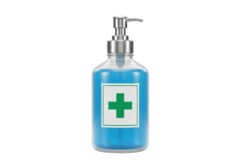Blue hand sanitizer in clear bottle isolated, antiseptic gel for hygiene and health PNG
