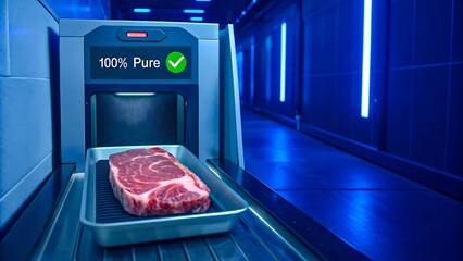 Futuristic meat quality control with technology scanner showing pure beef
