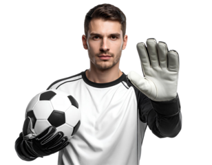 Professional male goalkeeper posing with football in hand, ready to throw, isolated on transparent background, PNG