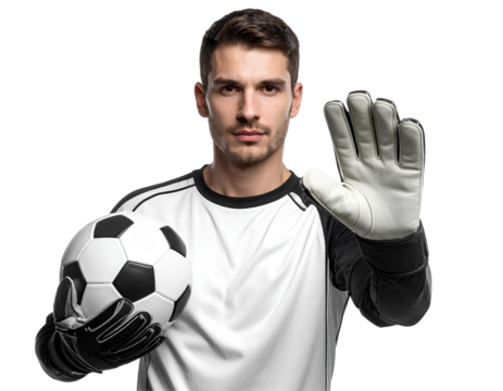 Professional male goalkeeper posing with football in hand, ready to throw, isolated on transparent background, PNG