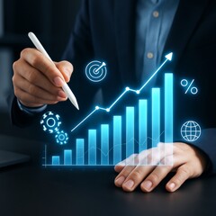 The professional is using a bright white stylus to point at or interact with a large, glowing blue holographic bar chart that shows a significant upward trend, overlaid with a line graph.