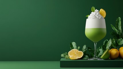 Elegant Green Matcha Cocktail: A Sophisticated Drink with Whipped Cream and Citrus Garnish on a Green Background for a Luxurious and Refreshing Experience