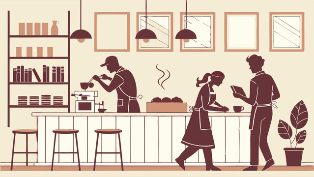 Cafe Staff Team Working Behind Counter Barista Preparing Coffee and Food Efficient Small Business Hospitality Service Illustration