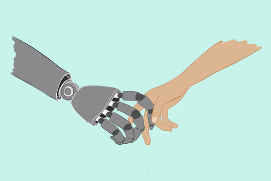 Robot and human hand illustration symbolizing friendship and caring