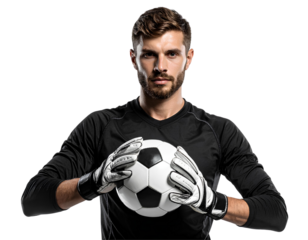 Professional male goalkeeper posing with football in hand, ready to throw, isolated on transparent background, PNG