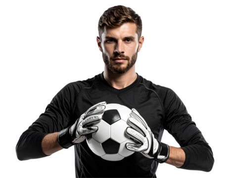 Professional male goalkeeper posing with football in hand, ready to throw, isolated on transparent background, PNG