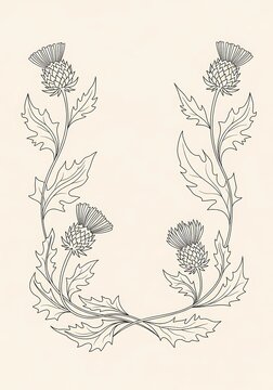 Elegant thistle frame in minimalist line art with soft beige background