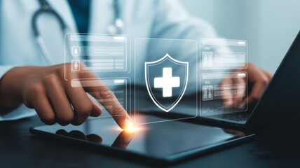 The doctor is using a finger to tap or interact with a glowing, futuristic digital interface that features a prominent shield icon with a white medical cross at its center, symbolizing health data.