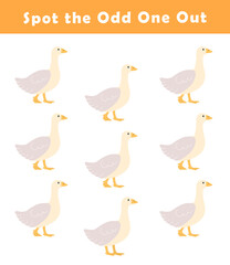 Spot the odd one out for toddlers. Find the difference for kids. Educational quiz worksheet with cute goose illustration. Logical activity for children.