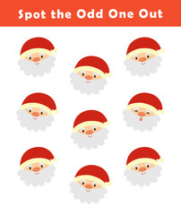 Spot the odd one out for toddlers. Find the difference for kids. Educational quiz worksheet with cute Santa Claus illustration. Logical activity for children.