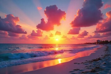 Miami Beach Sunrise Fiery Sky and Calm Ocean, Perfect for Travel and Vacation Projects