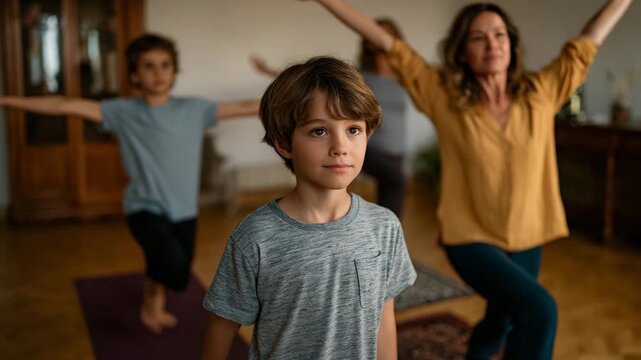 A young boy smiles while practicing yoga alongside adults in a serene environment, promoting mindfulness and physical well-being through joyful movement and connection. - Powered by Adobe