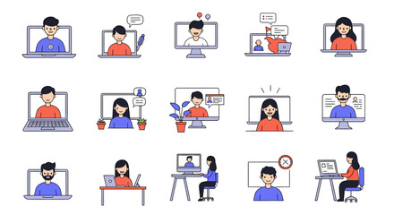 Flat illustration set of people participating in video calls via laptops and monitors