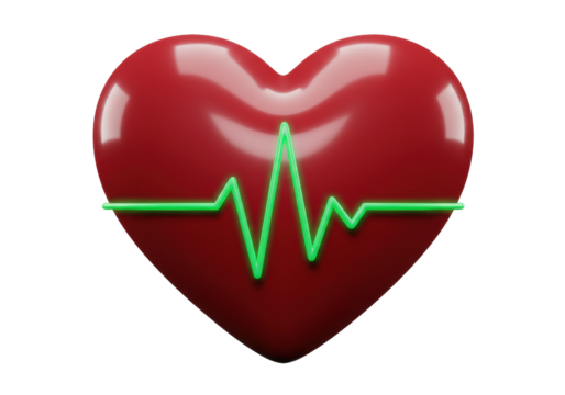 Red heart with green heartbeat line isolated on transparent background, medical symbol in PNG format for healthcare design