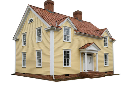 Yellow colonial house isolated on transparent background, two-story home with red brick chimneys and roof, traditional American architecture