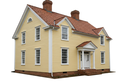 Yellow colonial house isolated on transparent background, two-story home with red brick chimneys and roof, traditional American architecture