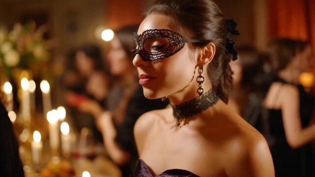 A masked woman in a stunning black and gold gown at a lavish masquerade party, capturing the mysterious elegance of such events through her stylish attire and poised demeanor.