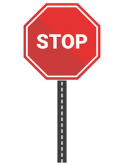 Red Octagonal Stop Sign Icon on Pole with Road Line for Traffic Safety and Control