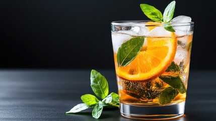 Refreshing Orange and Mint Cocktail with Ice Cubes on Dark Background - Summer Drink, Citrus Beverage, Mojito Alternative