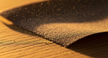 Golden luminescence on woodworking surface with particles catching light