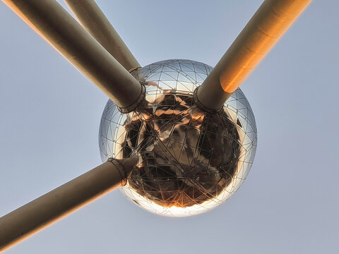 August 14 2021: Detail of the iconic Atomium landmark, in Brussels, Belgium
