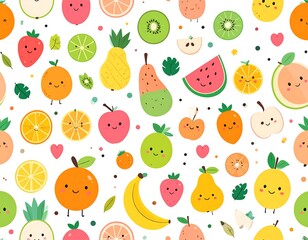 A cheerful, patterned background featuring smiling cartoon fruits on white