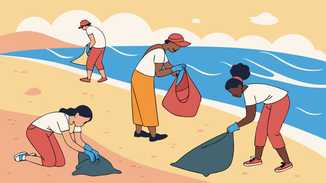 Diverse Volunteers Cleaning Beach. Environmental Protection, Ocean Conservation, and Community Service.