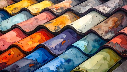 A vibrant close-up of vibrantly colored, weathered rooftop tiles arranged in rows. Each tile features unique hues