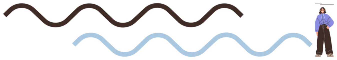 Brown and light blue wavy lines contrasting with a stylishly dressed woman posing confidently. Ideal for creativity, individuality, self-expression, confidence, design, modernity, and style. Simple