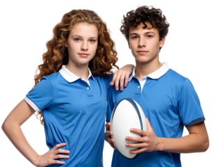 Two young rugby players, boy and girl, posing side by side with rugby ball, junior athletes portrait, isolated on transparent background, PNG