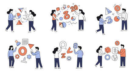 Fototapeta premium Six illustrations showing pairs of people interacting with abstract data numbers and shapes