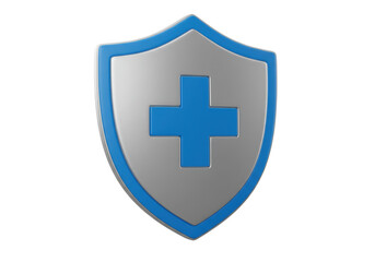 Fototapeta premium Blue medical shield with cross isolated on transparent background, health protection symbol in PNG format for graphic design and safety concepts