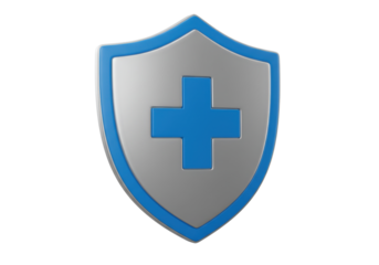 Blue medical shield with cross isolated on transparent background, health protection symbol in PNG format for graphic design and safety concepts