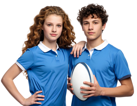 Two young rugby players, boy and girl, posing side by side with rugby ball, junior athletes portrait, isolated on transparent background, PNG