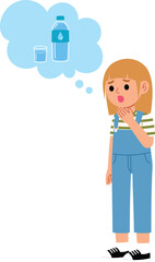 young girl character feel thirsty and thinking about water, cute girl need some water flat design, people dehydrated illustration