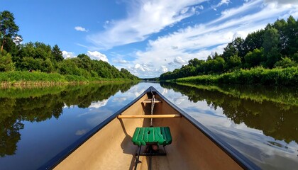 A person views a lush, tree-lined river from within a canoe, under a bright blue sky filled with clouds, a distant bridge visible