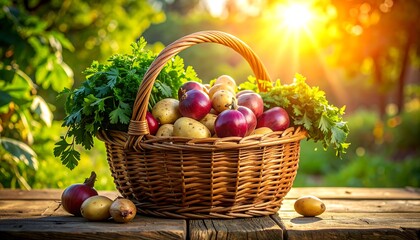 A wicker basket overflowing with fresh produce, bathed in warm sunlight, rests on a weathered wooden table. Lush greenery in background