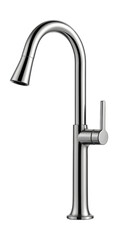 Tall, curved faucet with a chrome finish, perfect for vessel sinks on bathroom counters.